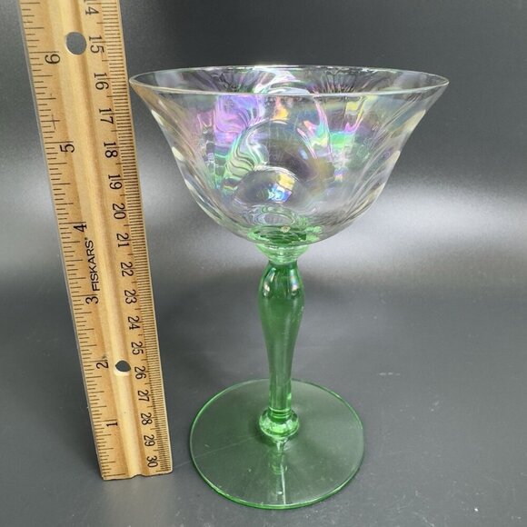 Uranium Stems Champagne Glasses Cups Herringbone Optic Iridescent Finish Set 2 - Picture 9 of 16